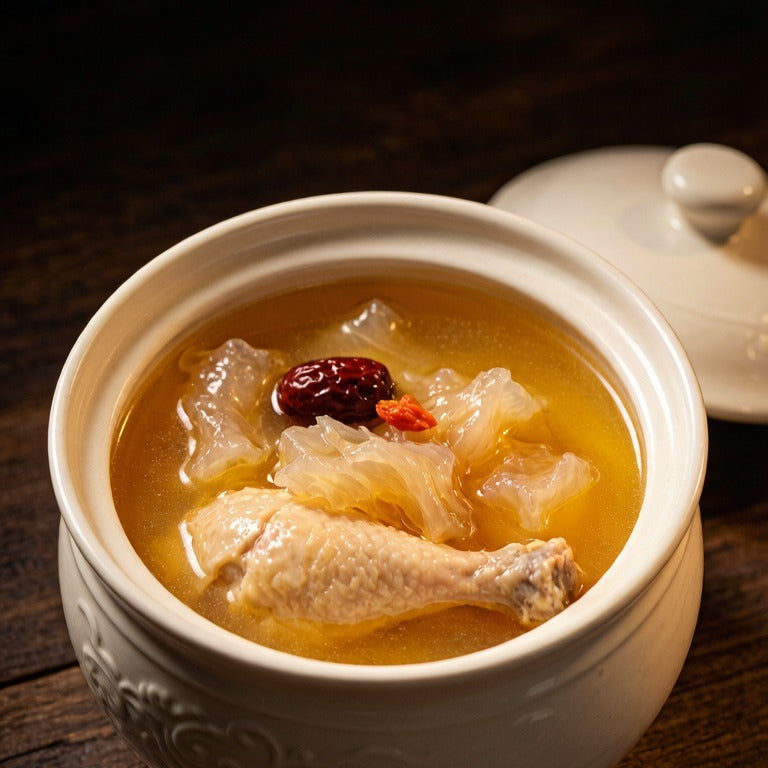 Golden fish maw simmering in a rich chicken soup with red dates