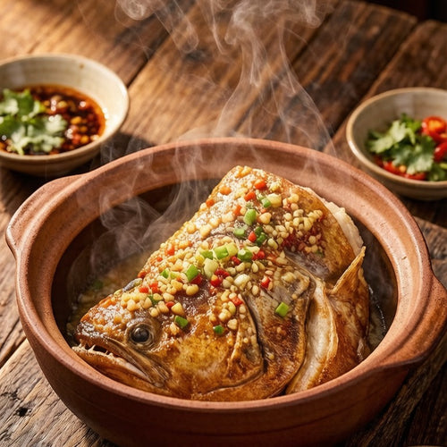 Whole flatfish head steaming in a clay pot under chopped chilli and garlic