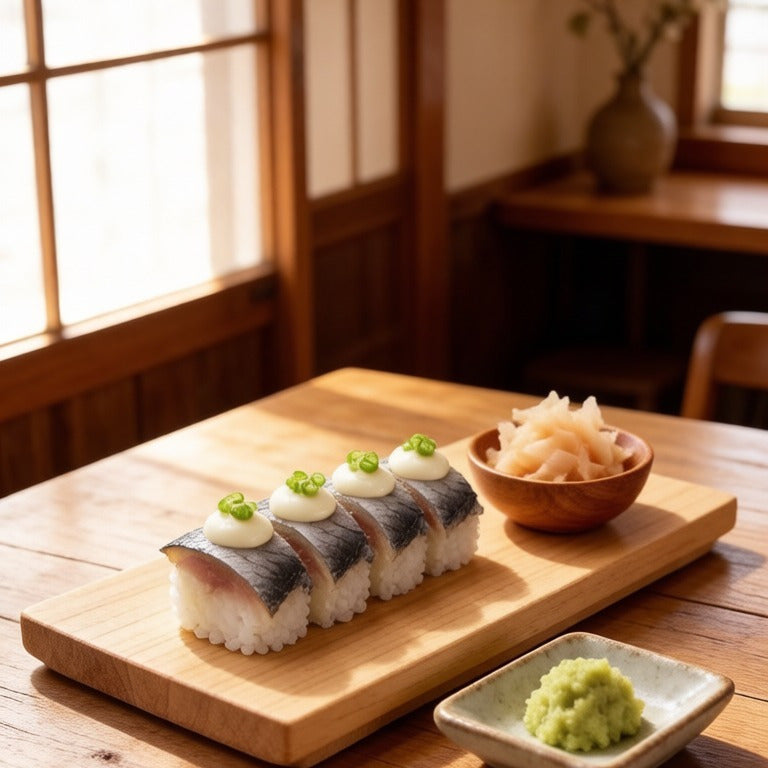 Herring gunkan sushi on a wooden board with wasabi and pickled ginger