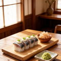Herring gunkan sushi on a wooden board with wasabi and pickled ginger
