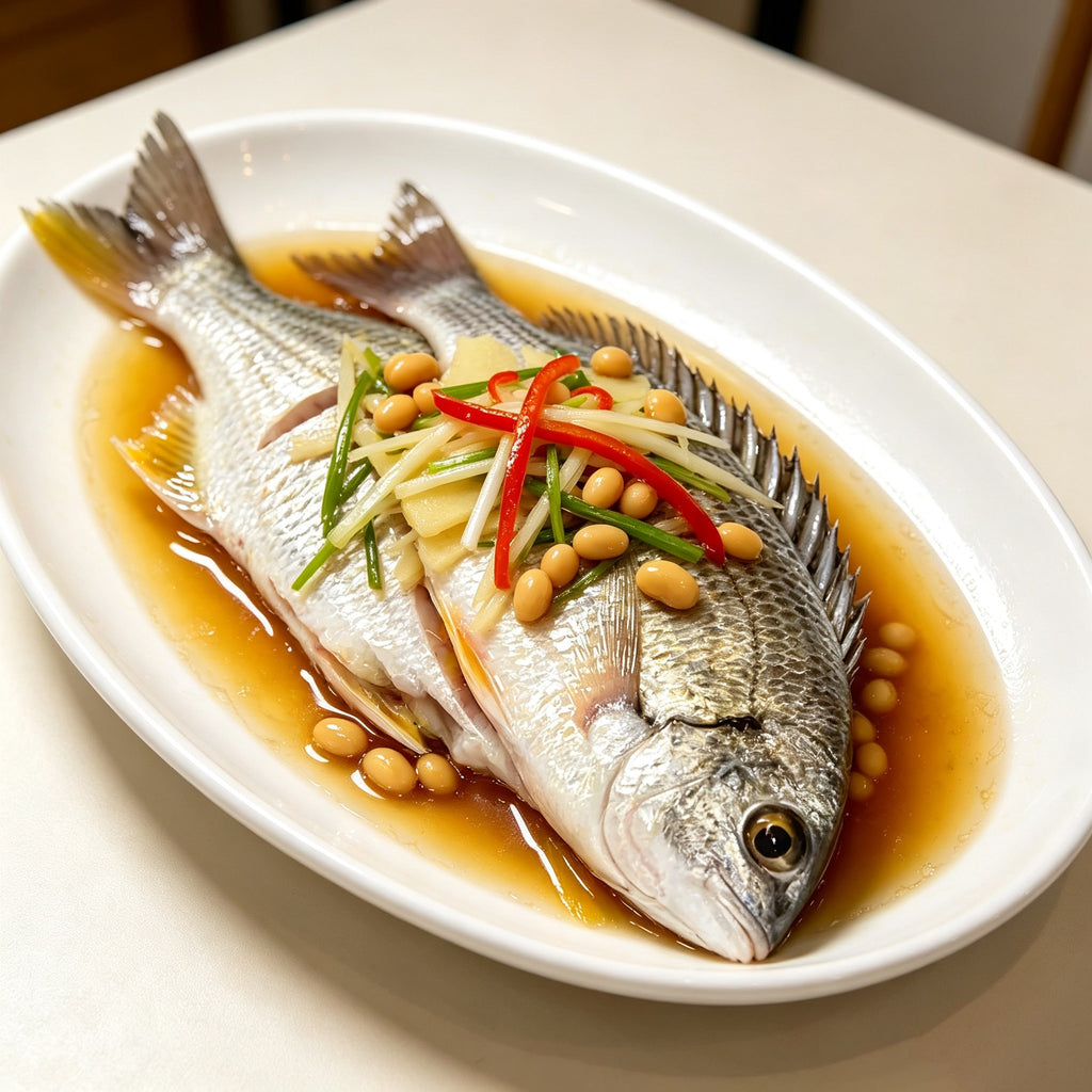 Steamed whole yellowfin sea bream plated in sauce with chilli and spring onion