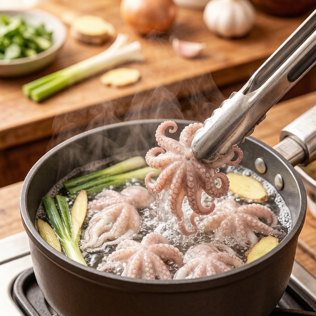 Baby octopus blanching in a pot of simmering water, lifted with tongs