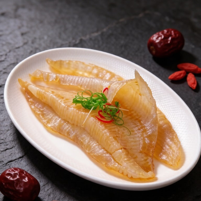 Dried fish maw pieces fanned out on a white plate with goji berries