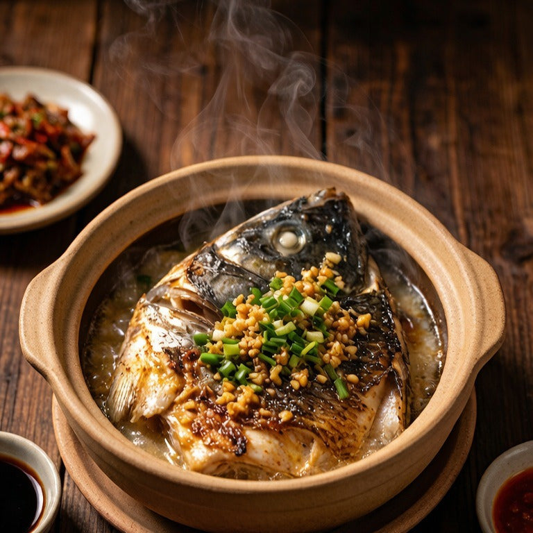 Flatfish head baked in a clay pot with ginger, garlic and spring onion