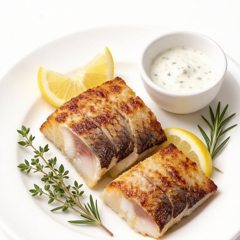 Two pan-seared herring fillets on a white plate with lemon and thyme