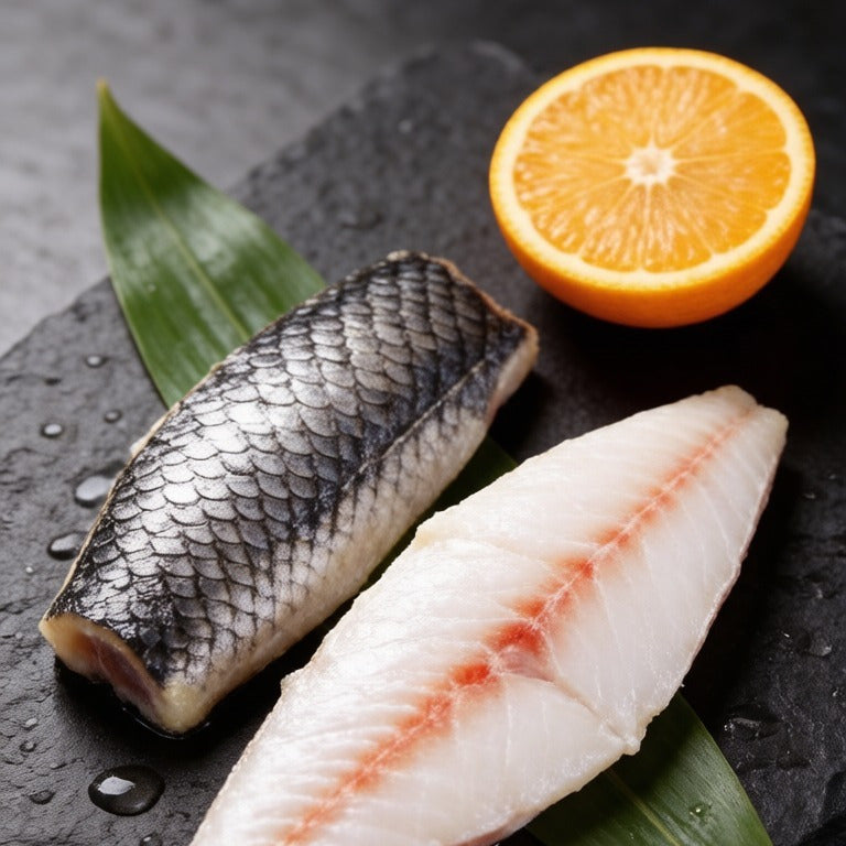 Raw herring fillets on dark slate, one silver-skinned and one pale