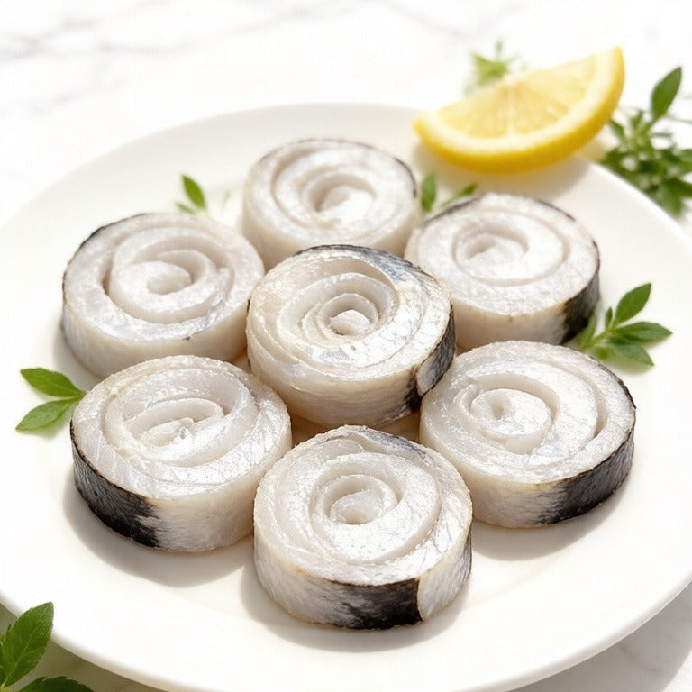 Raw boneless hairtail spirals arranged on a white plate with a lemon wedge