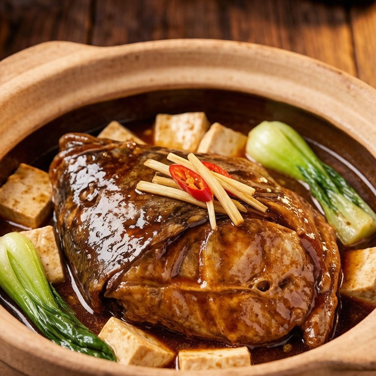 Braised flatfish head in a clay pot with bok choy in a dark soy glaze