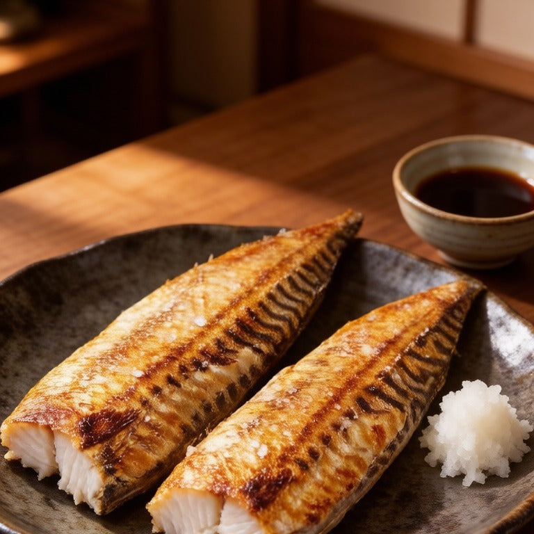 Miso-glazed mackerel fillets plated with lemon, rosemary and cherry tomatoes