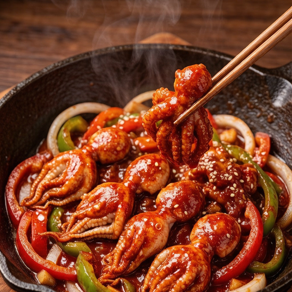 Korean-style spicy stir-fried baby octopus in a dark pan with chopsticks