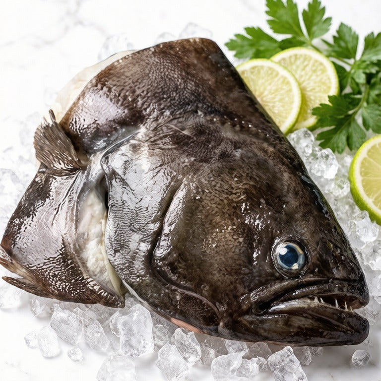 Whole raw flatfish head resting on crushed ice with lime and parsley