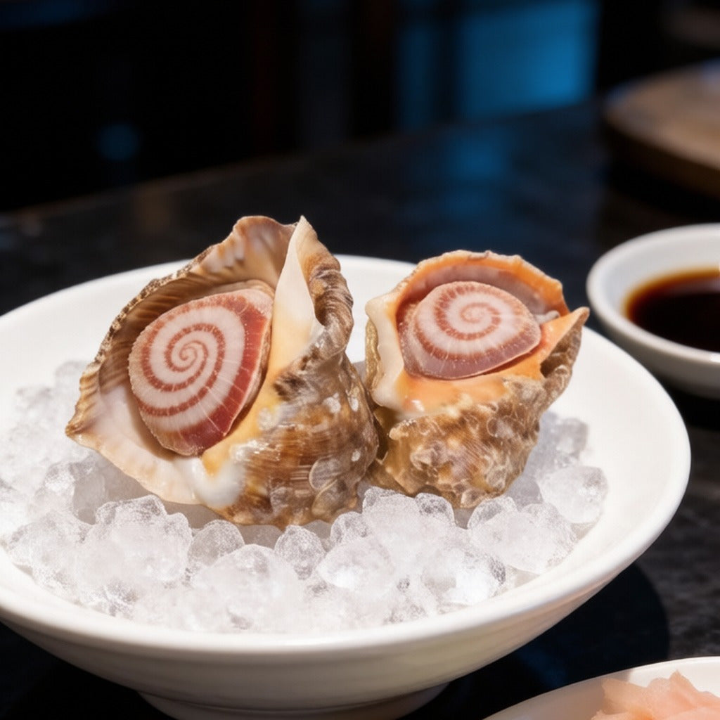 Thin slices of raw conch arranged on crushed ice in a bowl