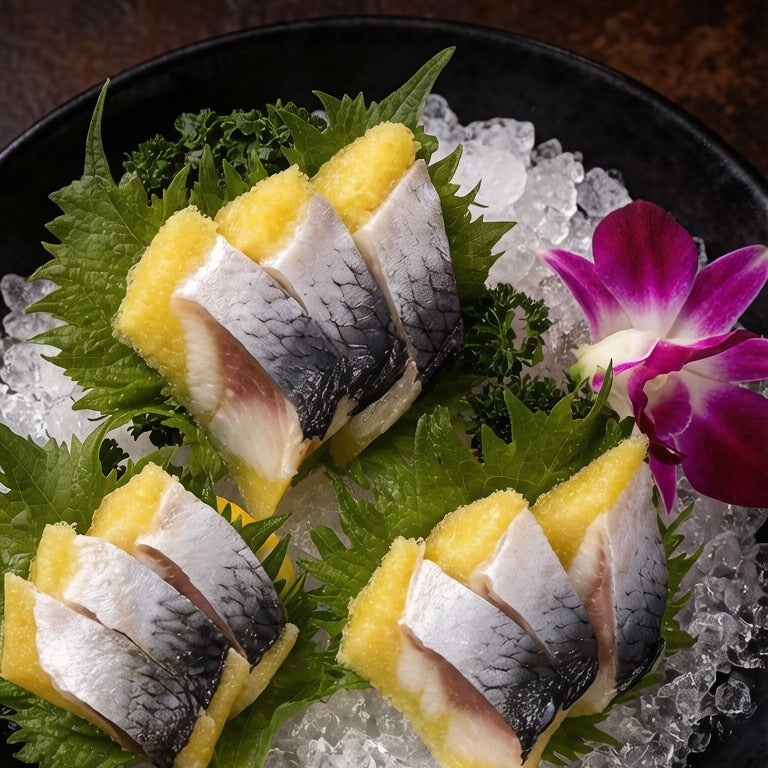 Herring slices arranged on crushed ice with an orchid garnish
