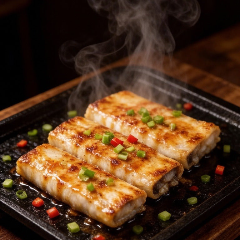 Hairtail roll pieces searing on a teppanyaki griddle with spring onion