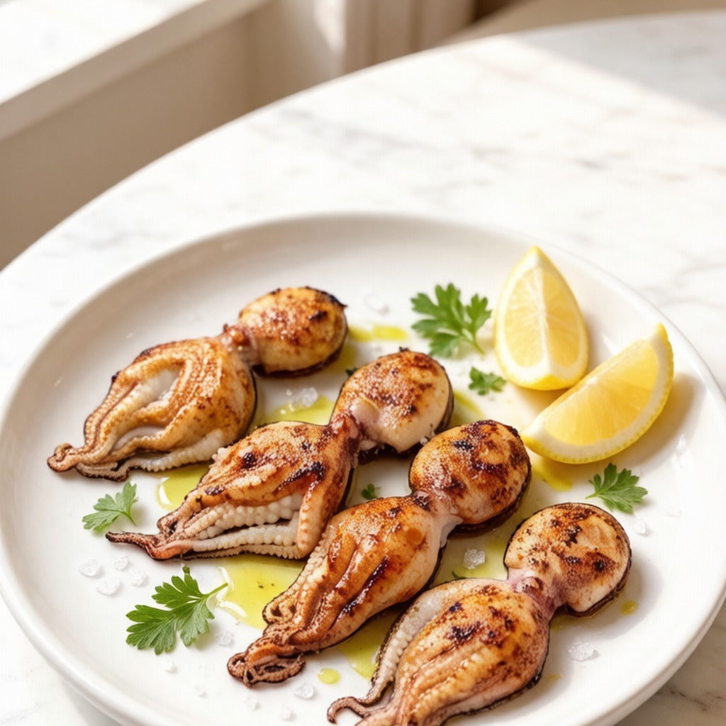 Cooked baby octopus served on a white plate with lemon and herbs