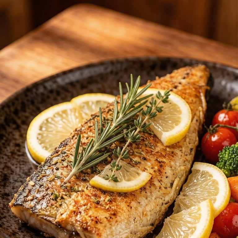 Salt-grilled mackerel fillets with crisp skin, lemon and rosemary