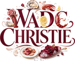 WADE CHRISTIE wordmark in wine red with oyster and lobster
